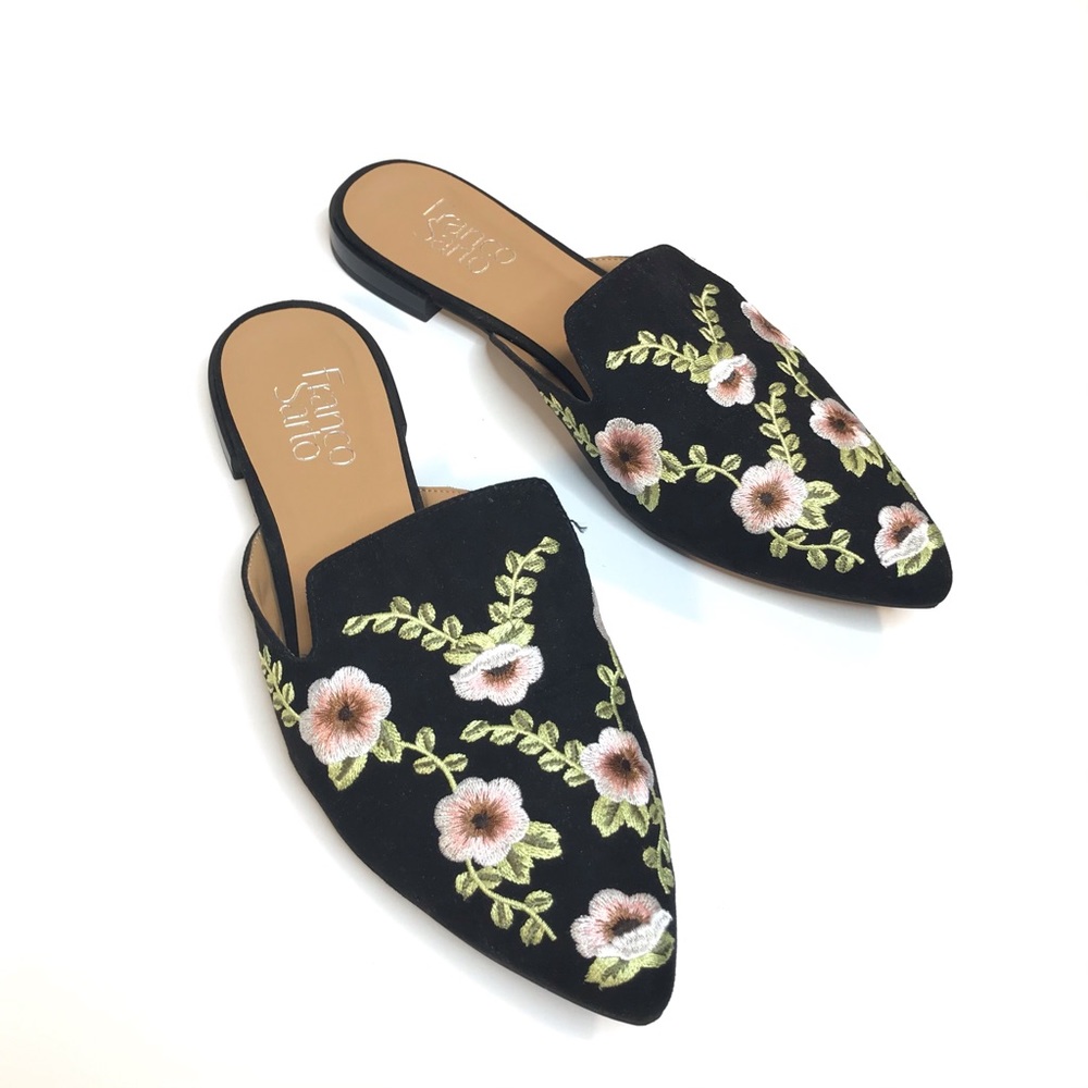Franco Sarto Russo 2 Mules 7.5 Black Floral Flats Slip On Slides Embroidered